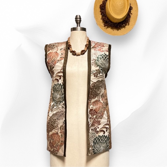 Montsuki Honolulu Vest Silk Samurai Inspired Lotus Brocade Rayon NWT 1970s - Picture 4 of 15